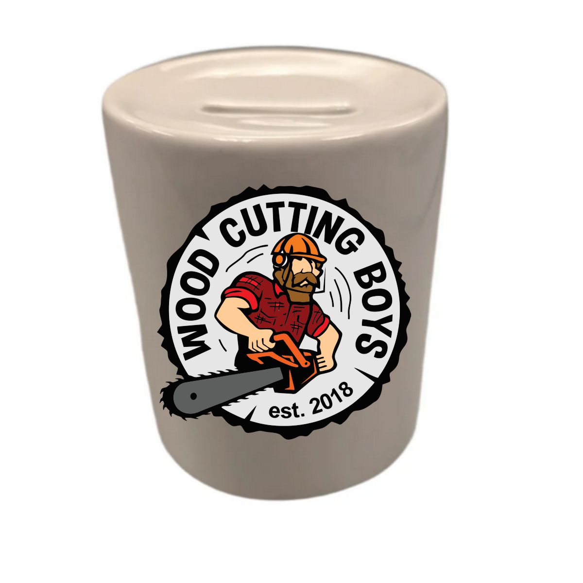 Wood Cutting Boys 11oz Ceramic Coin Bank